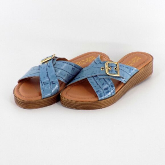 Bella Vita Slide Sandals Leather Size 6 Denim Blue Italy Croco Embossed - Picture 3 of 8